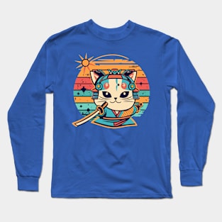 Kawaii Cat Samurai Colorful Retro Design Long Sleeve T-Shirt